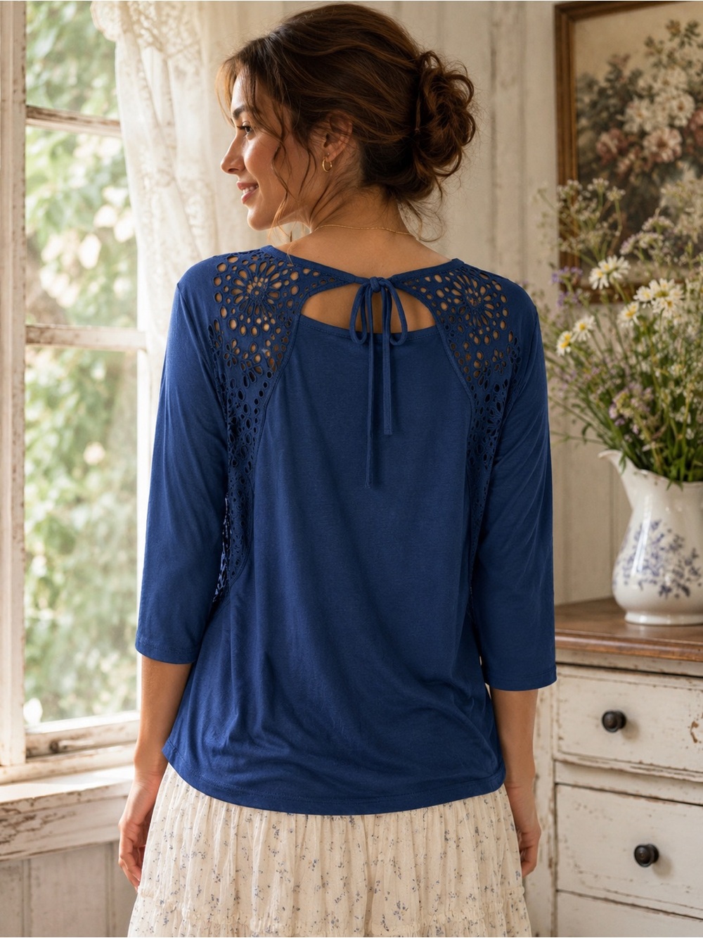 J. Jill Navy Eyelet Lace Shoulder Tunic Top Tie Back 3/4 Sleeve Medium